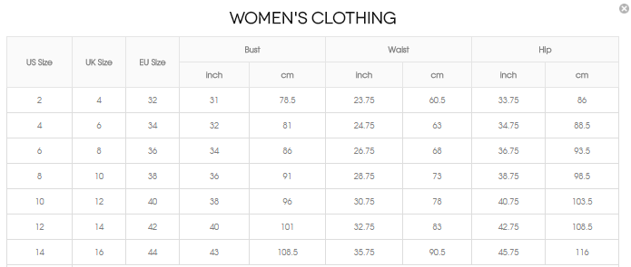 Clothing size chart